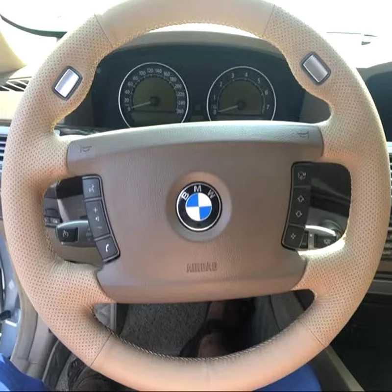 Hand-Stitch Side Perforation Grey Color Leather Car Steering Wheel Cover for BMW 7 Series 730 750 740 760 2005 2006 2007