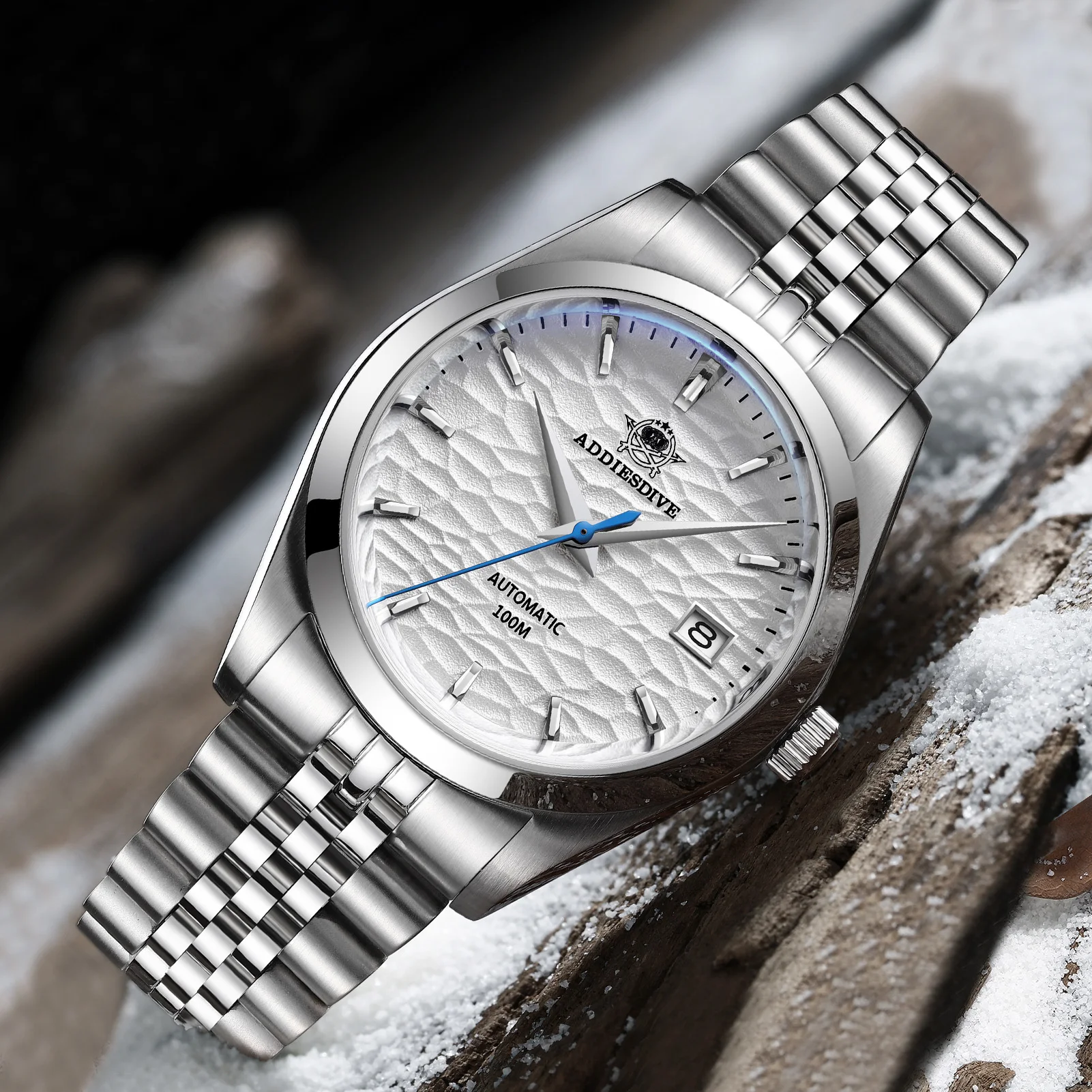 ADDIESDIVE 물결 무늬 다이얼 자동 기계식 시계 NH35 사파이어 남성용 손목시계 럭셔리 실버 발광 방수 시계