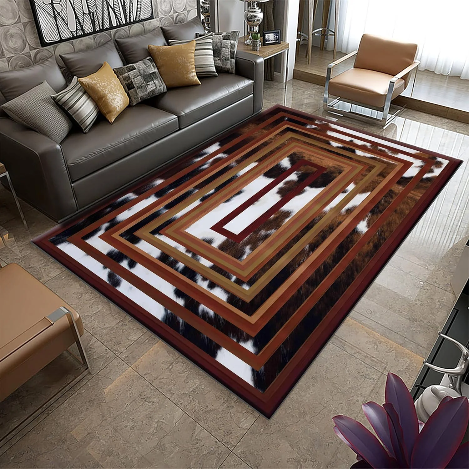Navajo Style Brown Feather Arrow Area Rug Boho Printed Carpet for Sofa Zone Cultural Theme Floor Mat Decor