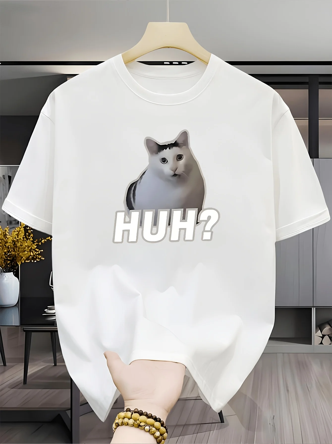 Funny Huh Cat Meme T-Shirt,Confused Cat Graphic Tee Humorous Social Media Viral Animal Print Summer Top, Casual Streetwear Shirt