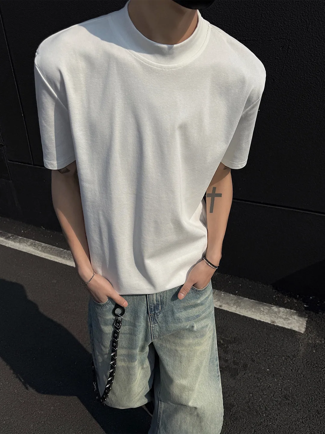 Mamba Cotton f-High Collar ort Sve Fitn T-irt Men Summer Sli Base irt American Trendy Brand Svel Bod...