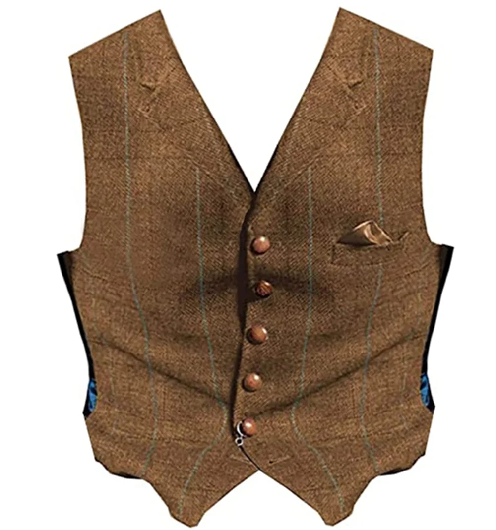 Khaki Lattice Herringbone V-Neck Vest With 5 Buttons Men'S Wedding Clothing Dinner Party Wear Waistcoat Tailored Costume Homme