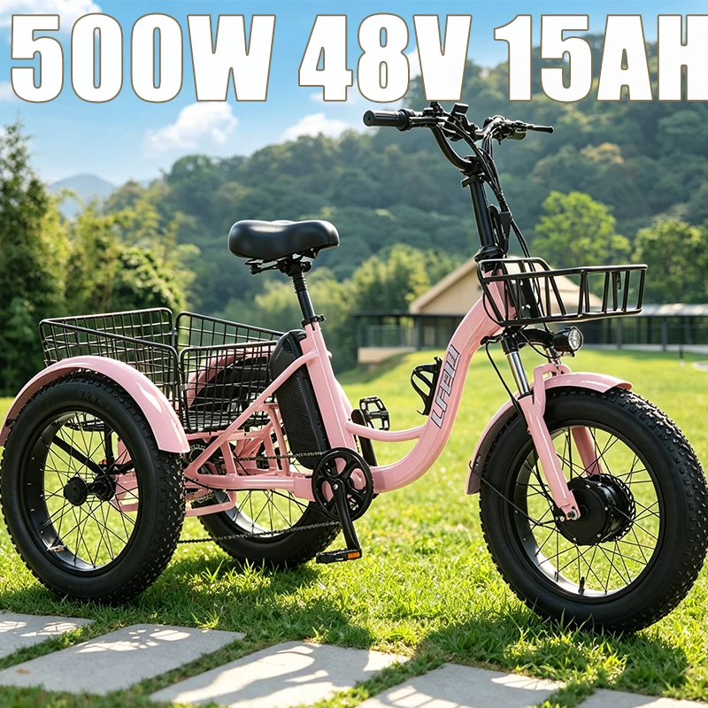 20 Inch Fat Tire Electric Tricycle With Pedal Assist 48V Lithium Battery Adult 3 Wheel E-Bike Snow Beach Off Road Electric Trike