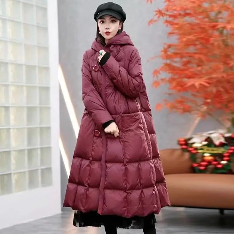 Winter European Women's Down Jacket Retro Hooded Loose White Duck Down Jacket