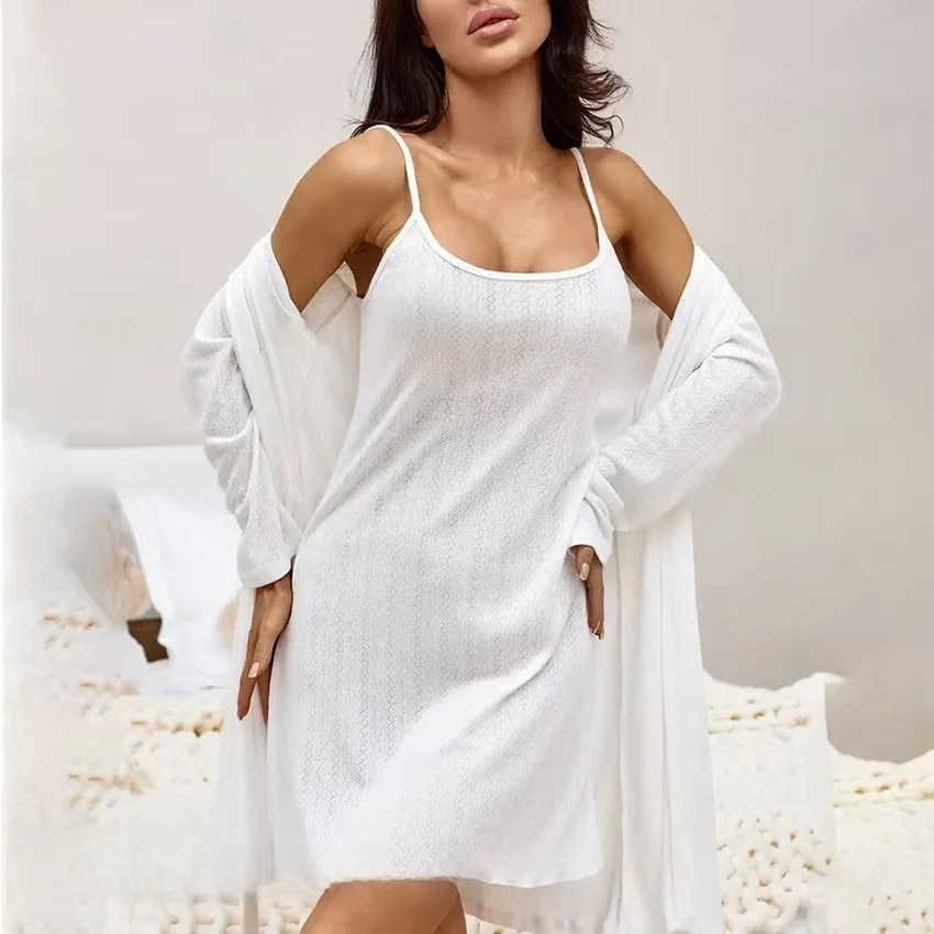 

Летний тонкий длинный комплект из комбинезона Све с кардиганом на бретелях и юбкой для молодых женщин, домашняя ночная рубашка для отдыха, однотонная ночная рубашка