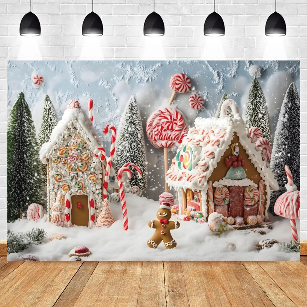 Christmas Gingerbread House Backdrop Photography Winter Snowy Candy House Decor Cake Smash Kids Portrait Photo Background Studio