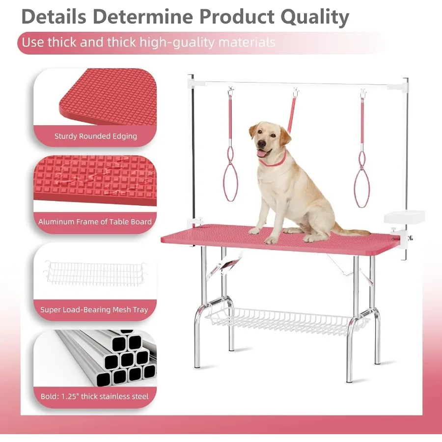 47'' Foldable Dog Grooming Table for Large Dogs at Home with Adjustable Arm and Clamp Non-Slip Waterproof Top Mesh Tray and Too