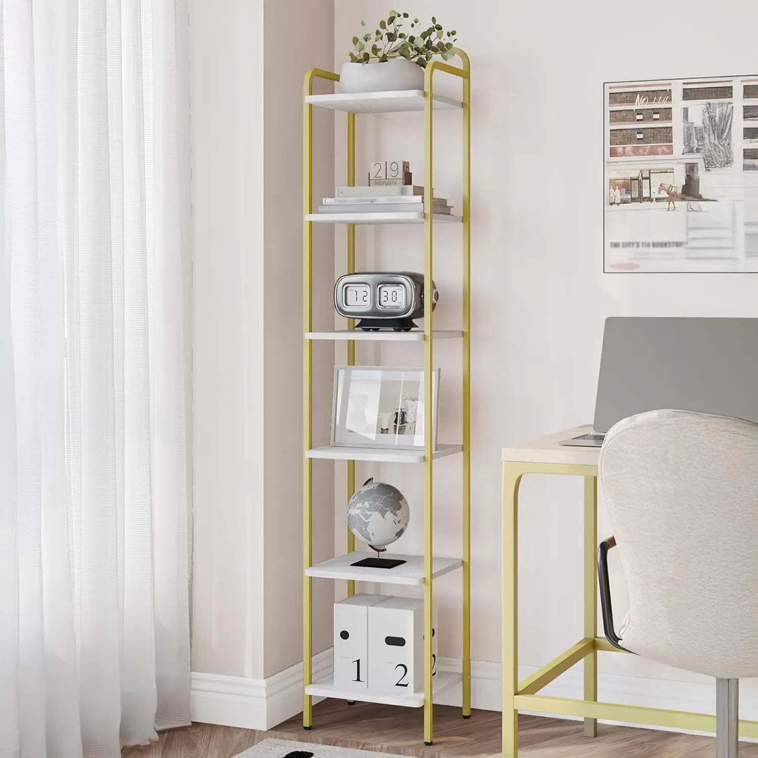 

6-Tier Narrow Industrial Bookshelf, Slim Storage Organizer for Home Office Living Room Bedroom Kitchen in White Gold
