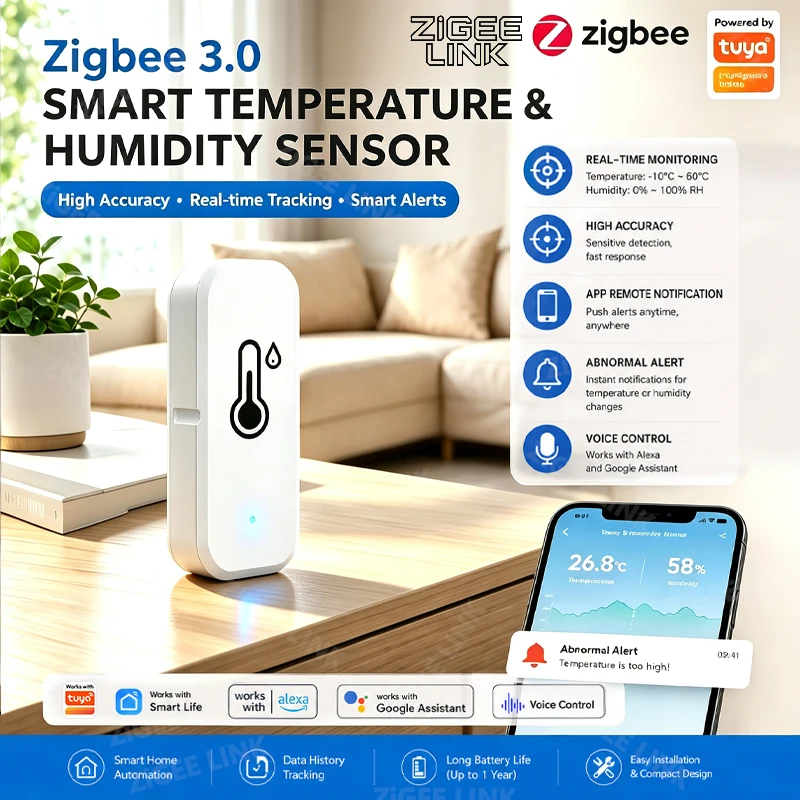 Wireless Zigbee3.0 and WiFi Thermo Hygrometer Sensor Real-Time Ambient Data Push Abnormal Reminder Smart Home Monitoring