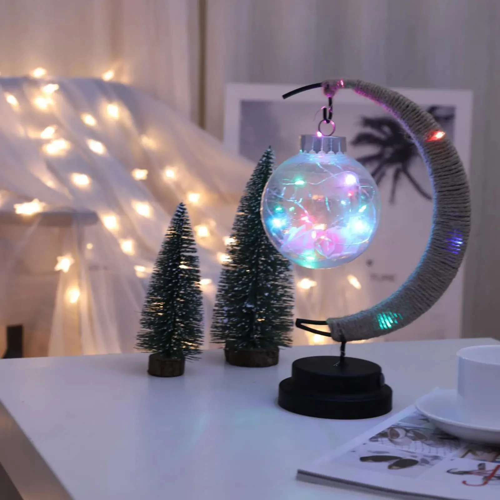 Imagem -02 - Led Moon e Rattan Ball Night Lamp para Crianças Estrelas Lua Artesanal Corda de Cânhamo Usb Ferro Forjado Luz de Mesa