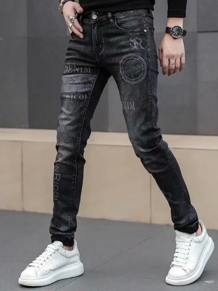 Spring Autumn Jean Men Original Stretch Skinny Slim Korean Style Male Casual Cargo Printing Cowboy Designer Clothing Trousers