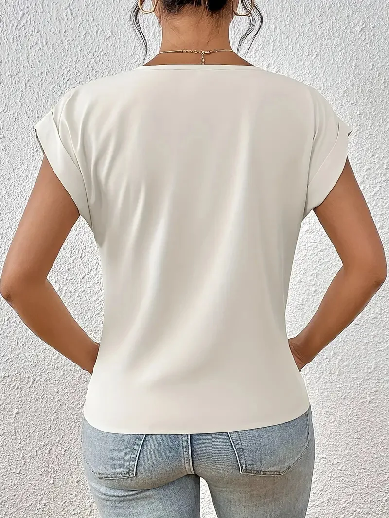 2026 Solid Color V-neck T-shirt Elegant Twist Short-sleeved Elegant Top Amazon Women Cw89123