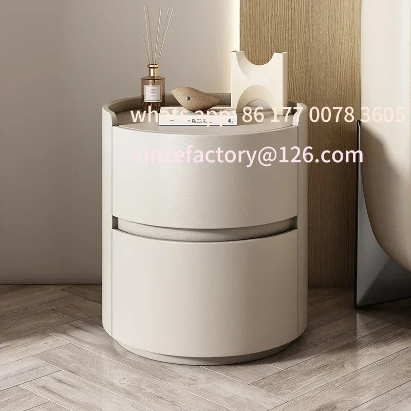 

Customizable Modern Round Nightstand with PU Leather Top Solid Wood Bedside Table Organizer, Saddle Leather