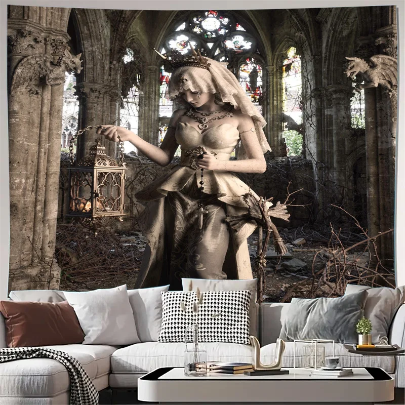 Ultra Large Gothic Style Woman in Ruins Tapestry Luxury Vintage Haunted Palace Wall Hanging Cloth Art Print Decorative Room Deco