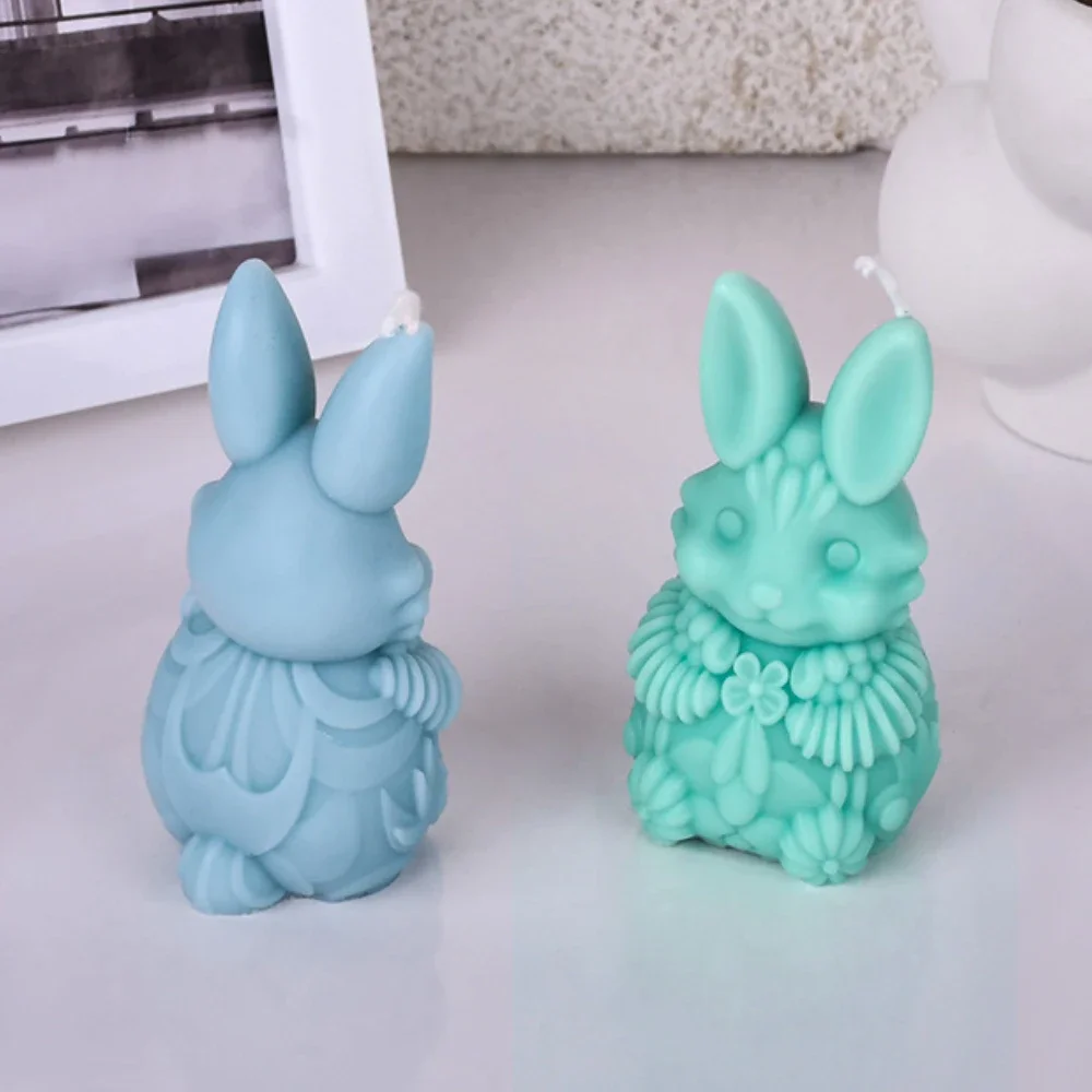 Relief Lily Flower Rabbit Silicone Mould for Scented Candle Animal Bunny Gypsum Soap Molds Easter Day Handmade Gifts Party Decor