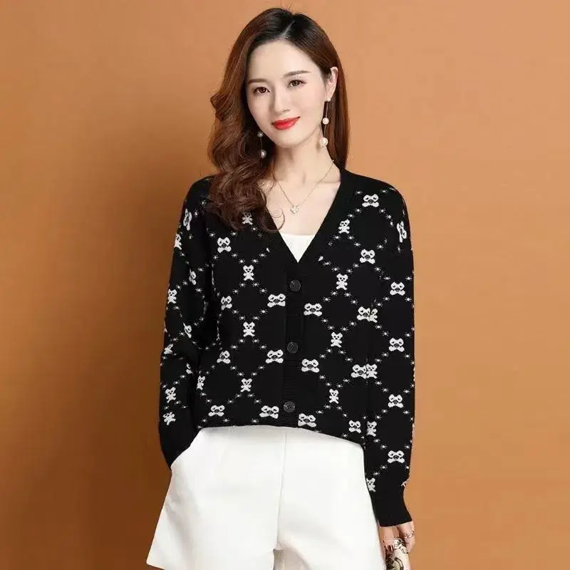 Fashion Buttons Cardigan Ladies Casual Printing Coat Autumn Winter Thin Office Lady Tops V-neck Sweaters Women's Clothing 2023