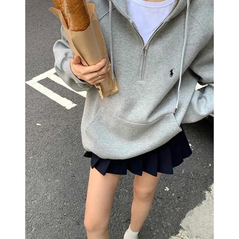 Casual Pullover Women Short Loose Autumn Winter Lapel Zippers Pockets Female's Hoodie Full Sleeve Solid Tops Lady Soft All-match