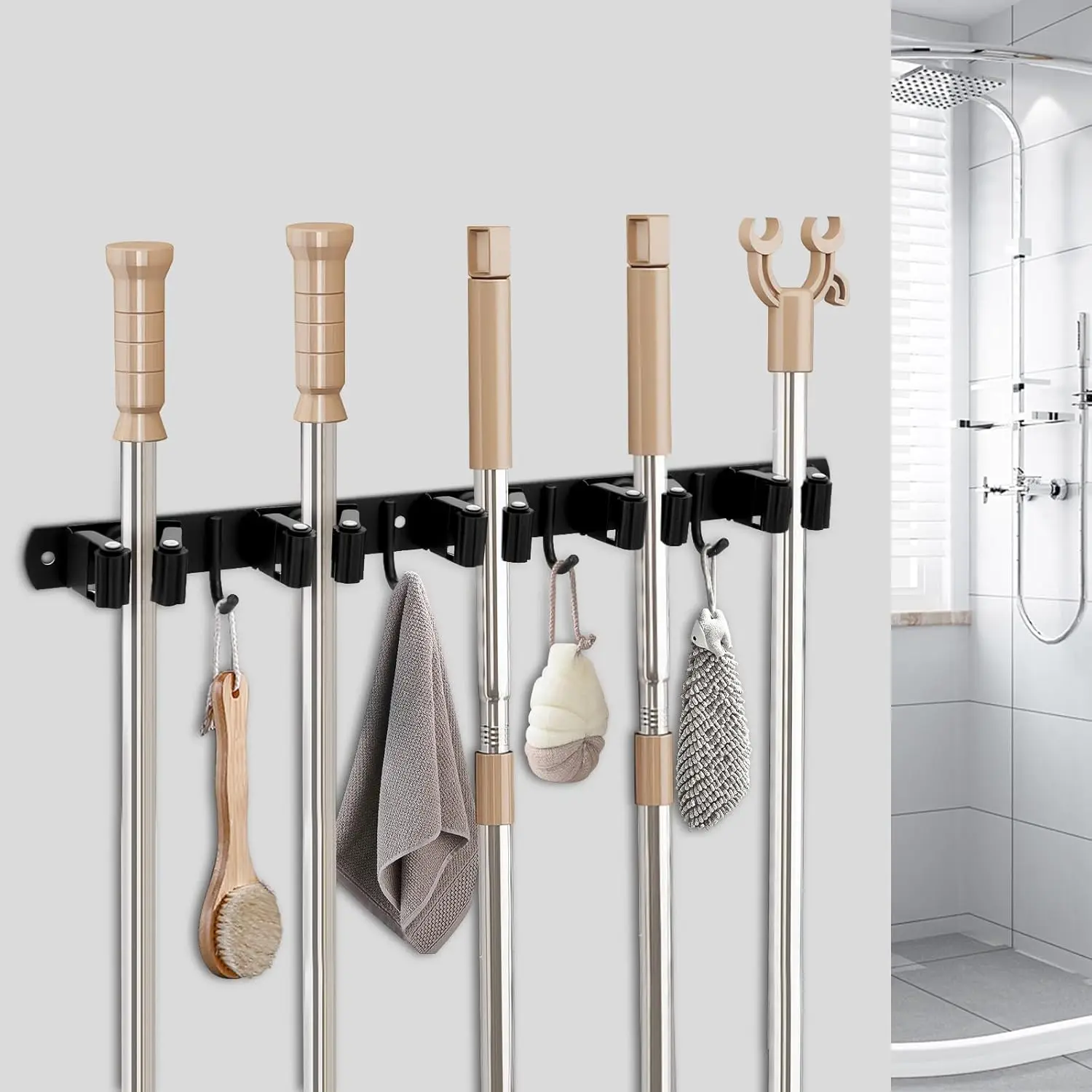 جدار جبل  حامل المكنسة  الفولاذ المقاوم للصدأ  5 رفوف مع 4 خطافات  منظم مكنسة الممسحة  واجب ثقيل  غرفة الغسيل  المرآب  شماعات تخزين