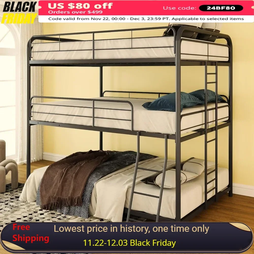 Metal Bunk Beds, for Adults and Kids and Teens, with Safe Guardrail, 3 Bunks Beds Easy To Assemble ,Full Size Triple Bunk Bed