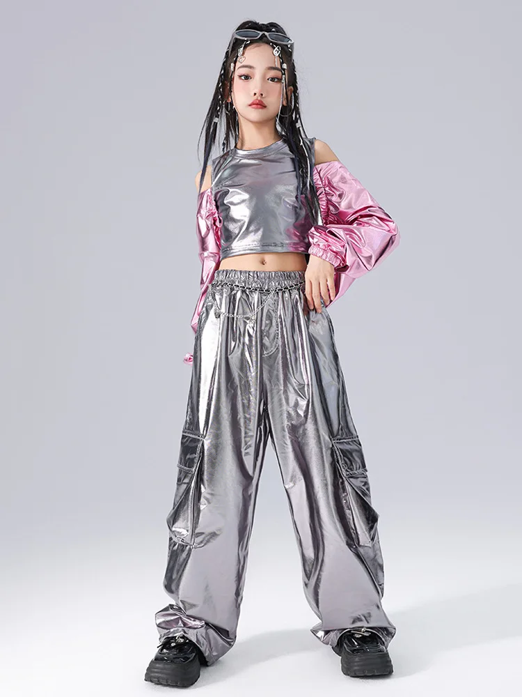 Crianças kpop hip hop roupas retalhos colheita topo streetwear prata calças de carga para meninas jazz dança traje roupas