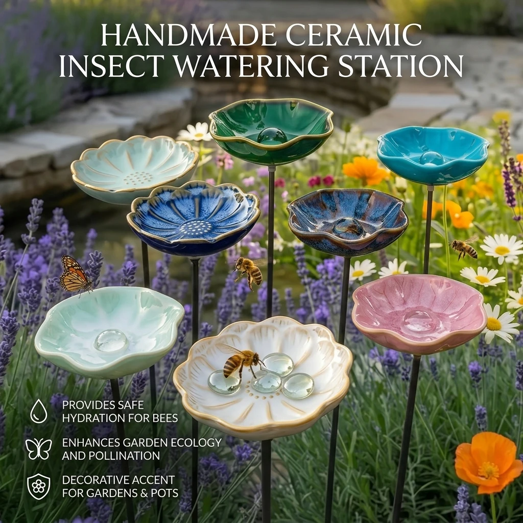 1pc Random Ceramic Insect Watering Station with Anti Drowning Shallow Dish for Bees Butterflies Feeding Garden Balcony Decors