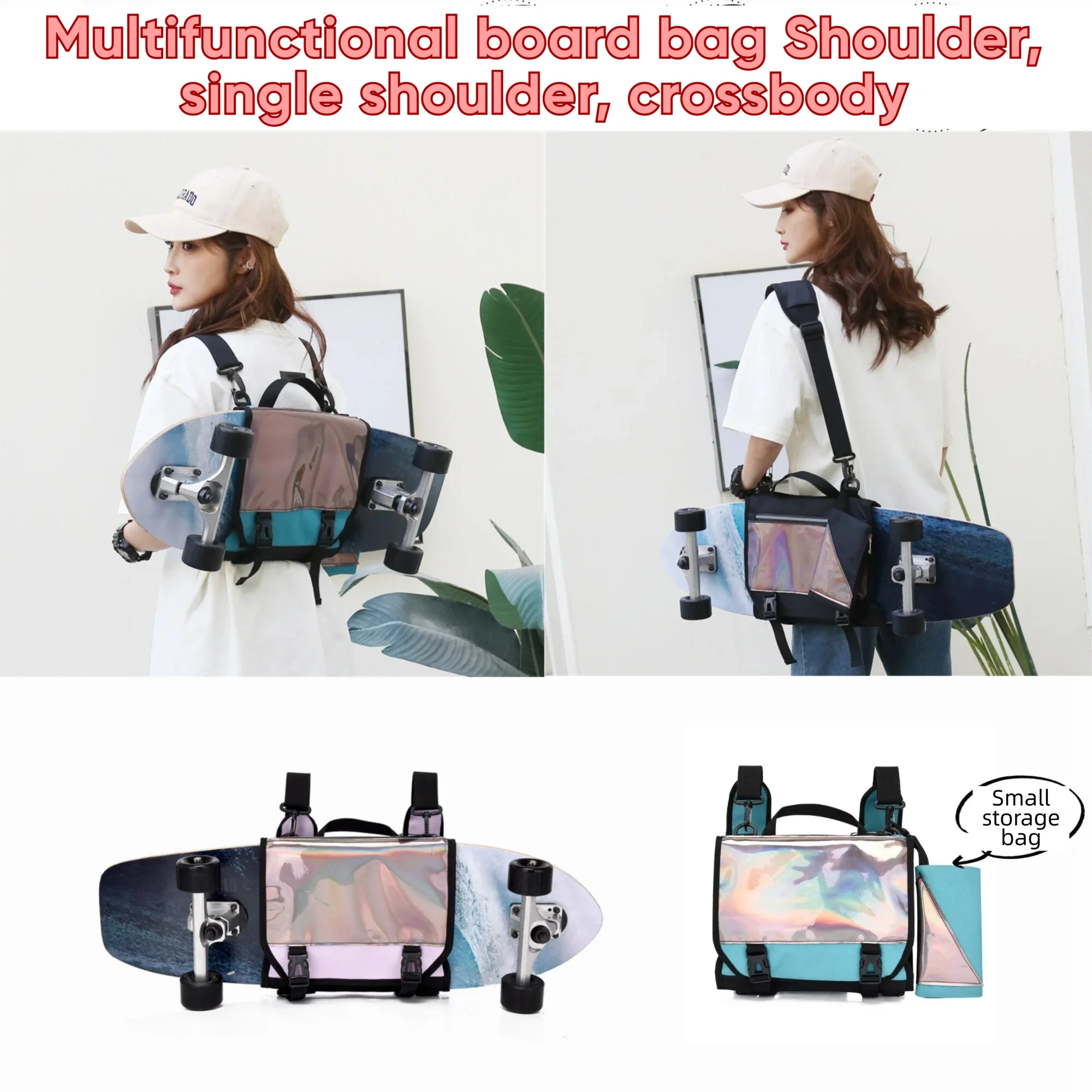 Multifunctional Laser Skateboard Bag Dual Use Single Shoulder Backpack Crossbody Carry Pouch for Double Kick Land Surf Cruiser B
