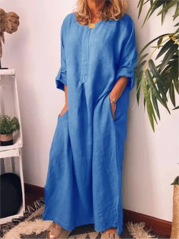 

Woman's Leisure Maxi Loose O-neck Dress Spring Fashion Long Sleeves Slit Hem Robe Autumn Lady Button Design Streetwear Vestidos