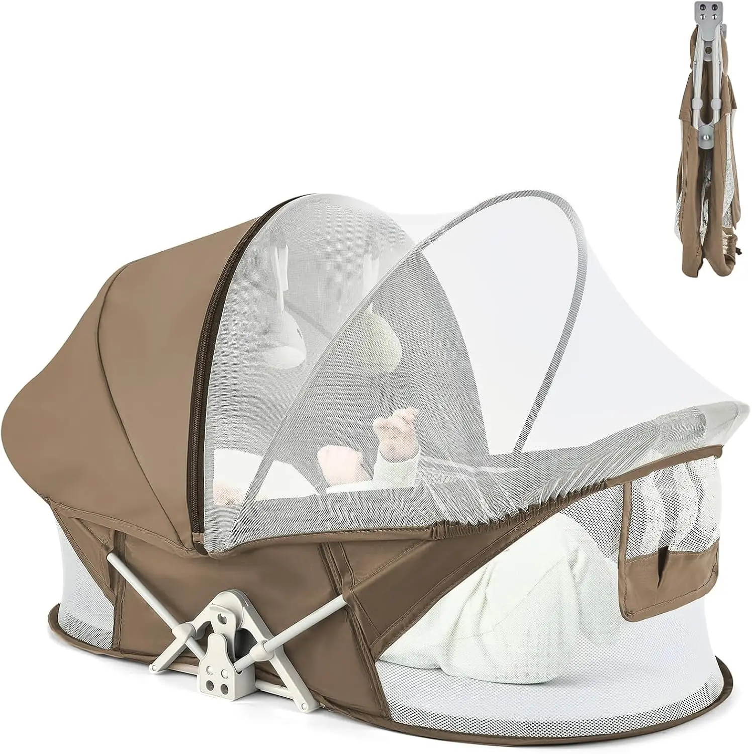 

Portable Baby Bassinet with Mosquito Net & Sunshade, Lightweight Washable Travel Crib for Outdoors (Brown)