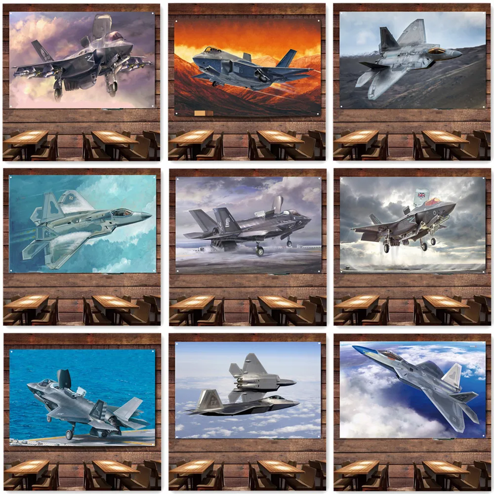 F-22 Raptor and F-35 Lightning Stealth Fighter Jet Posters Wall Art Tapestry Attack Aircraft Military Art Flag Home Decor Banner