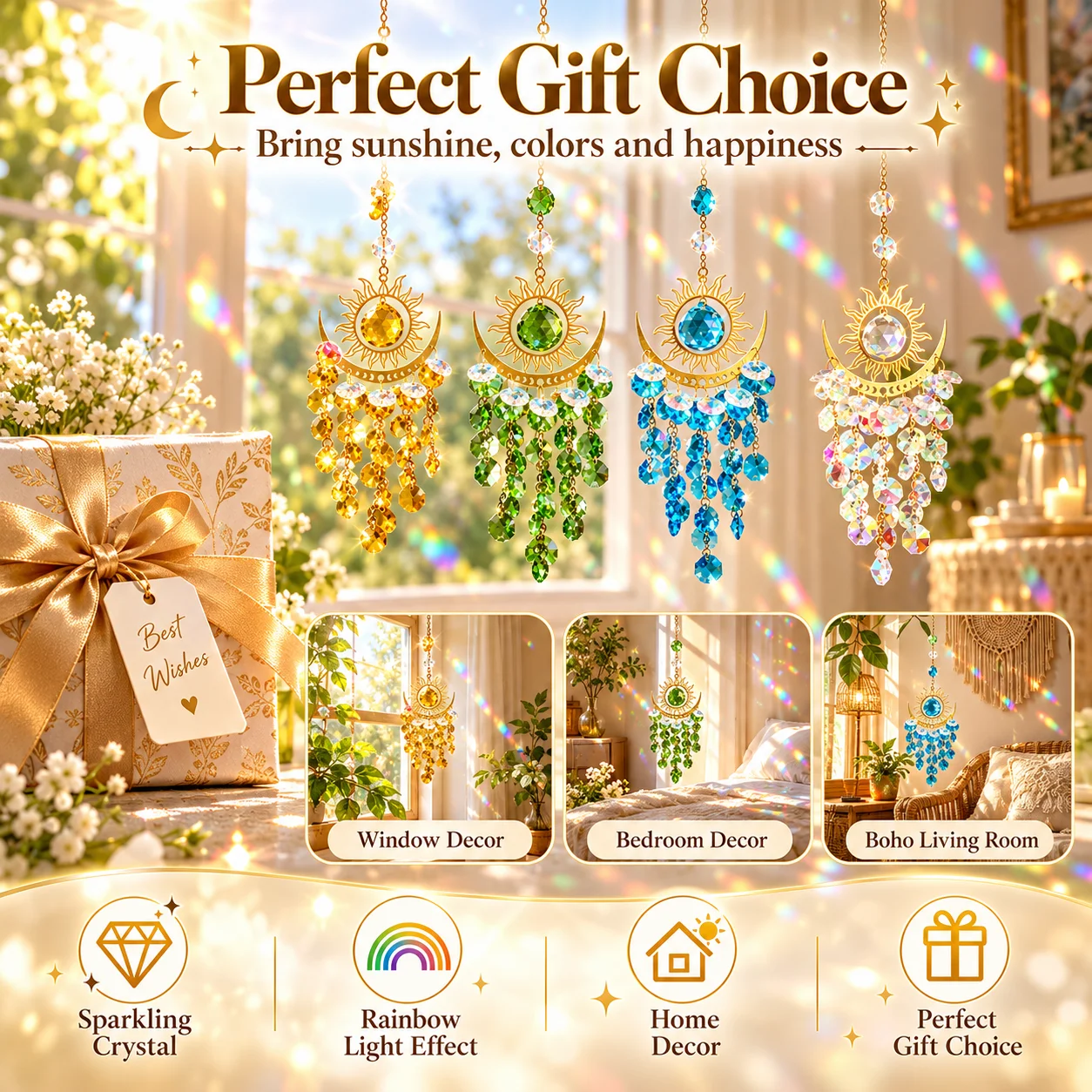 Sun Moon Crystal Sun Catcher, Rainbow Prism Hanging Ornament, Colorful Crystal Tassel Window Decor for Home Garden & Gift
