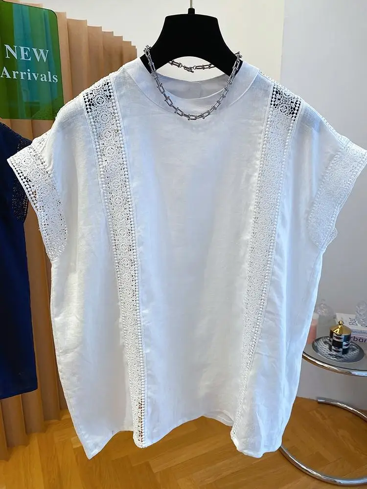 Blusa feminina cor sólida verão oco pulôver renda solta camisas de manga curta camisas y blusas mujer topo 2025 novo