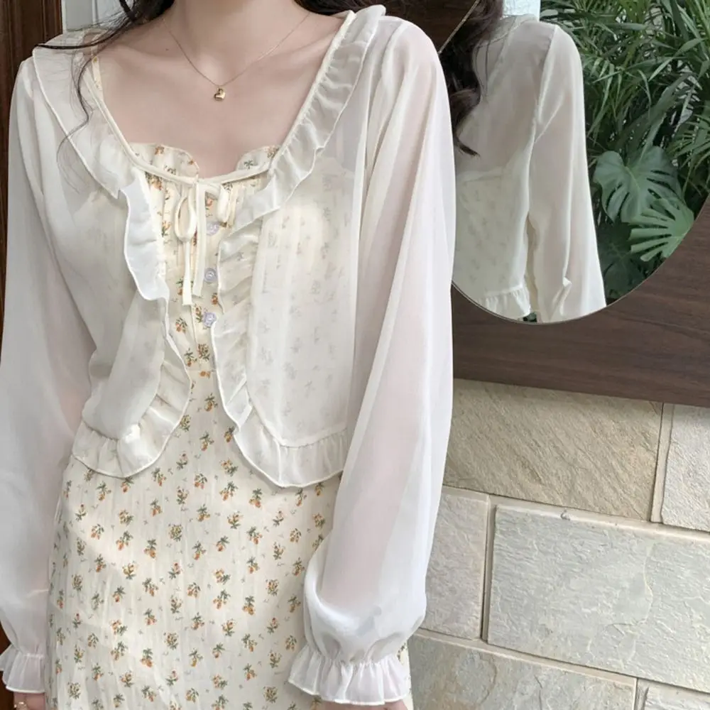 Wraps Ruffle Summer Sun Protection Cape Wrapped Long Sleeves Short Top Coat Lace Cardigan Sunscreen Shawl Korean Style Shawl