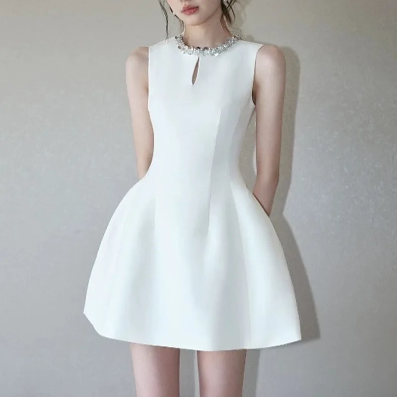 

Роскошные платья с круглым вырезом и бриллиантами, весеннее женское элегантное мини-платье без рукавов, летний пуловер на молнии с высокой талией, короткое платье трапециевидной формы