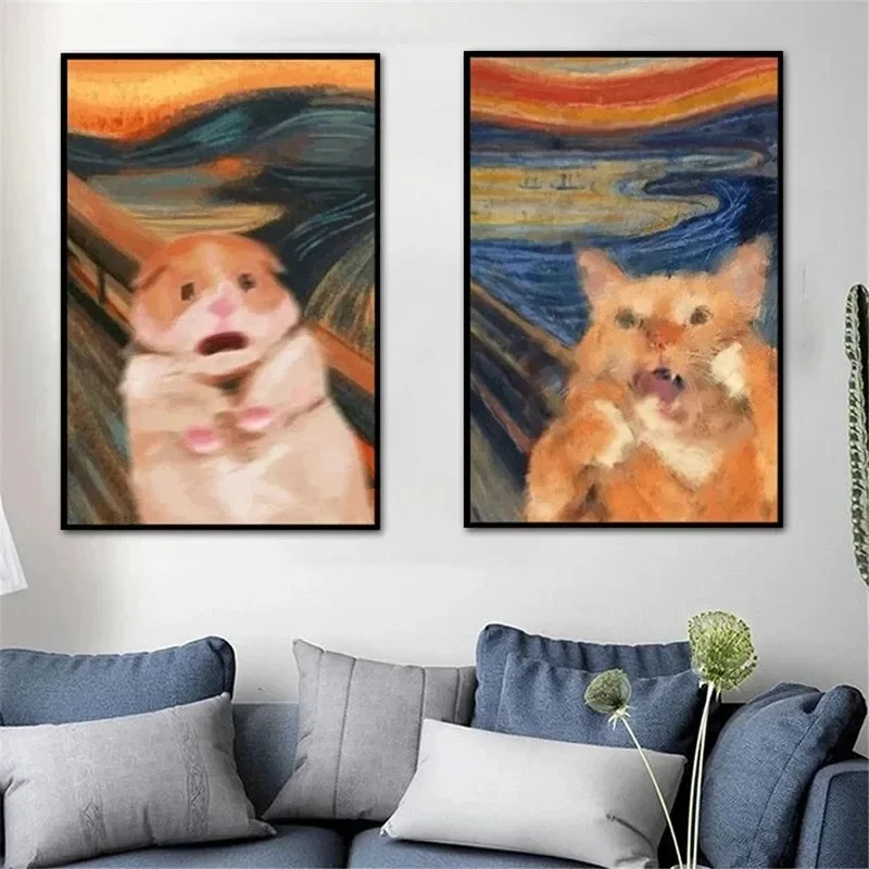 Vintage Funny Cat and Hamster Wall Art – HD Canvas Print Poster for Home, Living Room, and Room Decoration