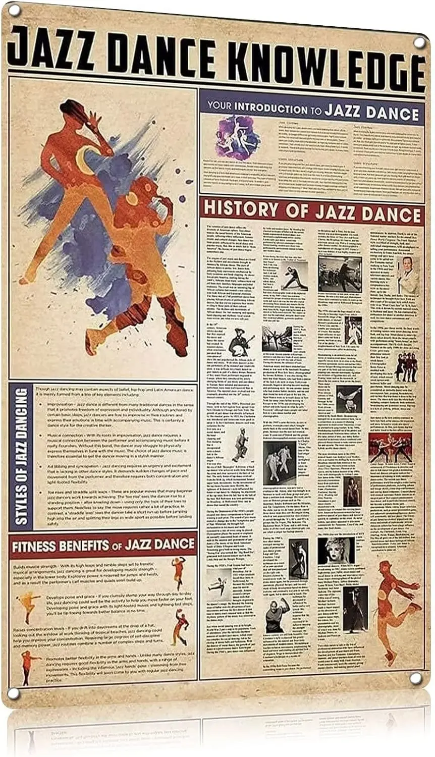 Affiche de guide de danse en métal rétro, conçue pour la danse jazz, idéale pour les salles de concert, les studios de danse, les clubs, la maison et les chambres.