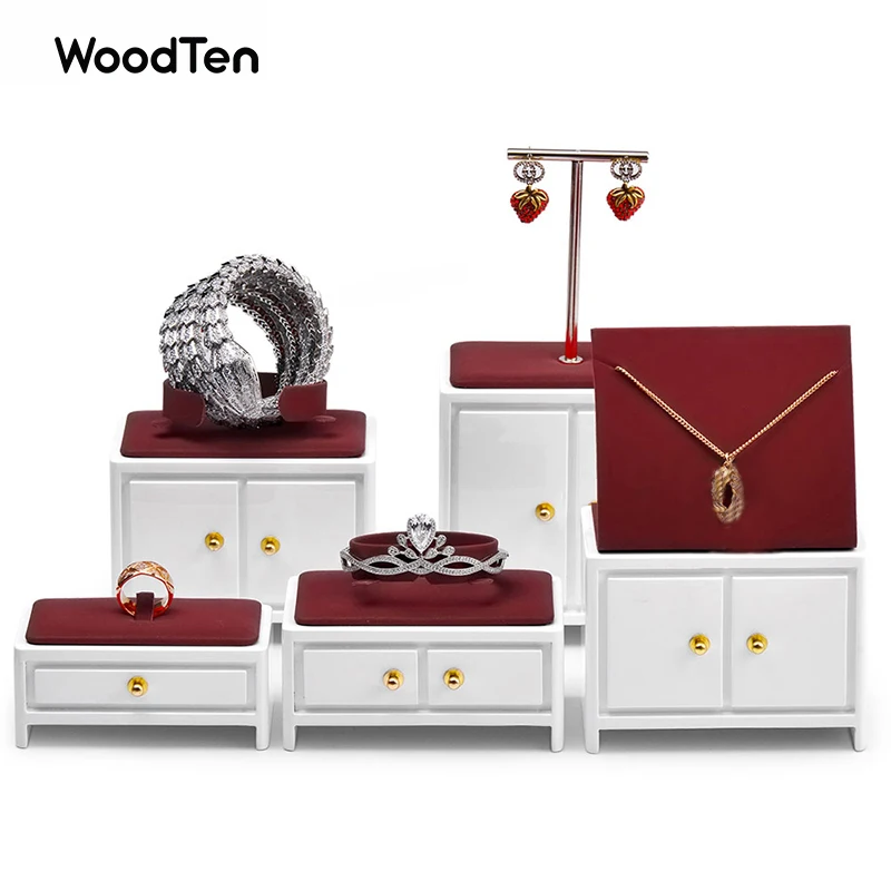 

WoodTen Baking Wood Microfiber Jewelry Display Low High Stand Show Shelf for Ring Earrings Bracelet Necklet