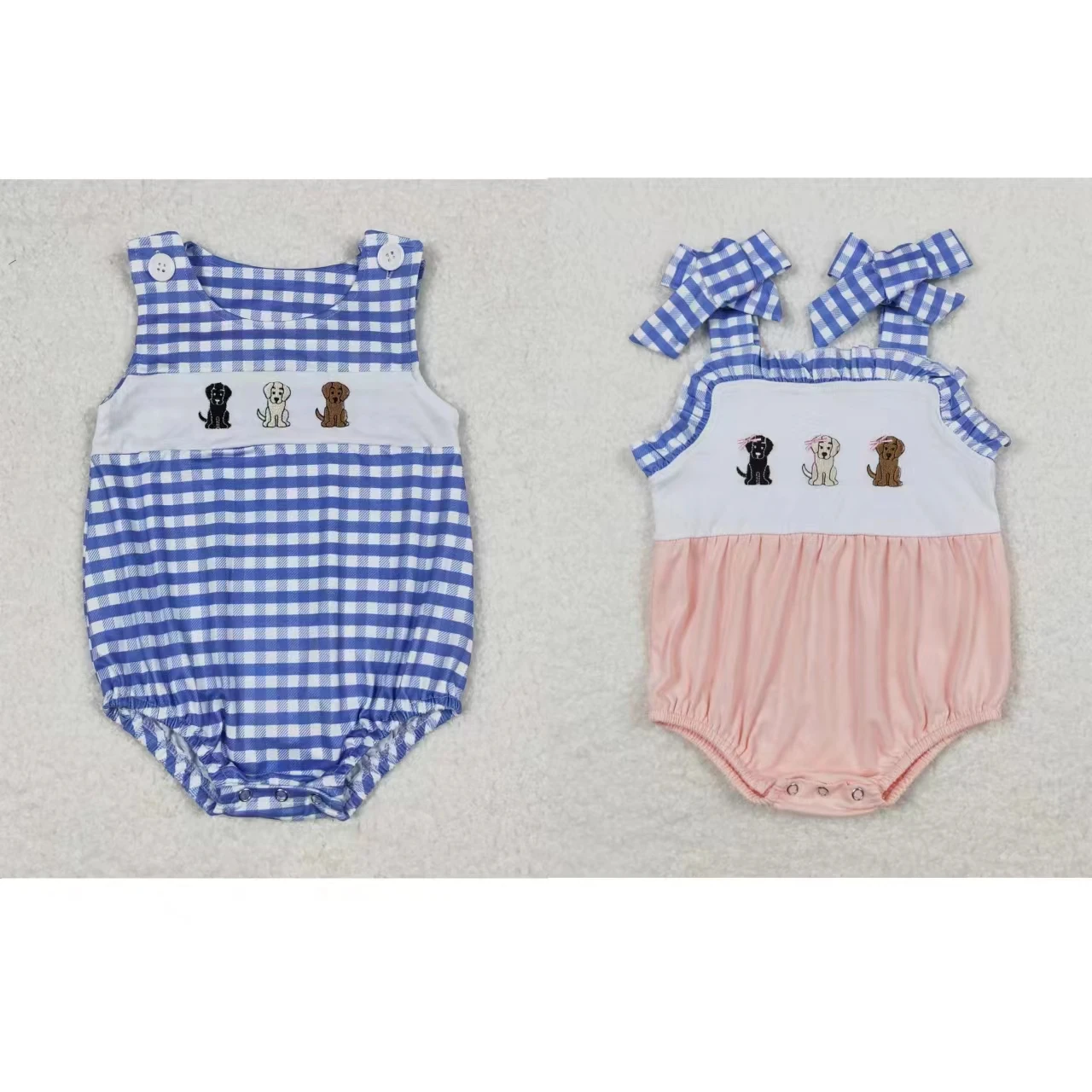 Wholesale Kids Baby Boy Girl Embroidery Dogs Plaid Jumpsuit Newborn Coverall Romper Toddler Sleeveless Bubble Bodysuit One-piece