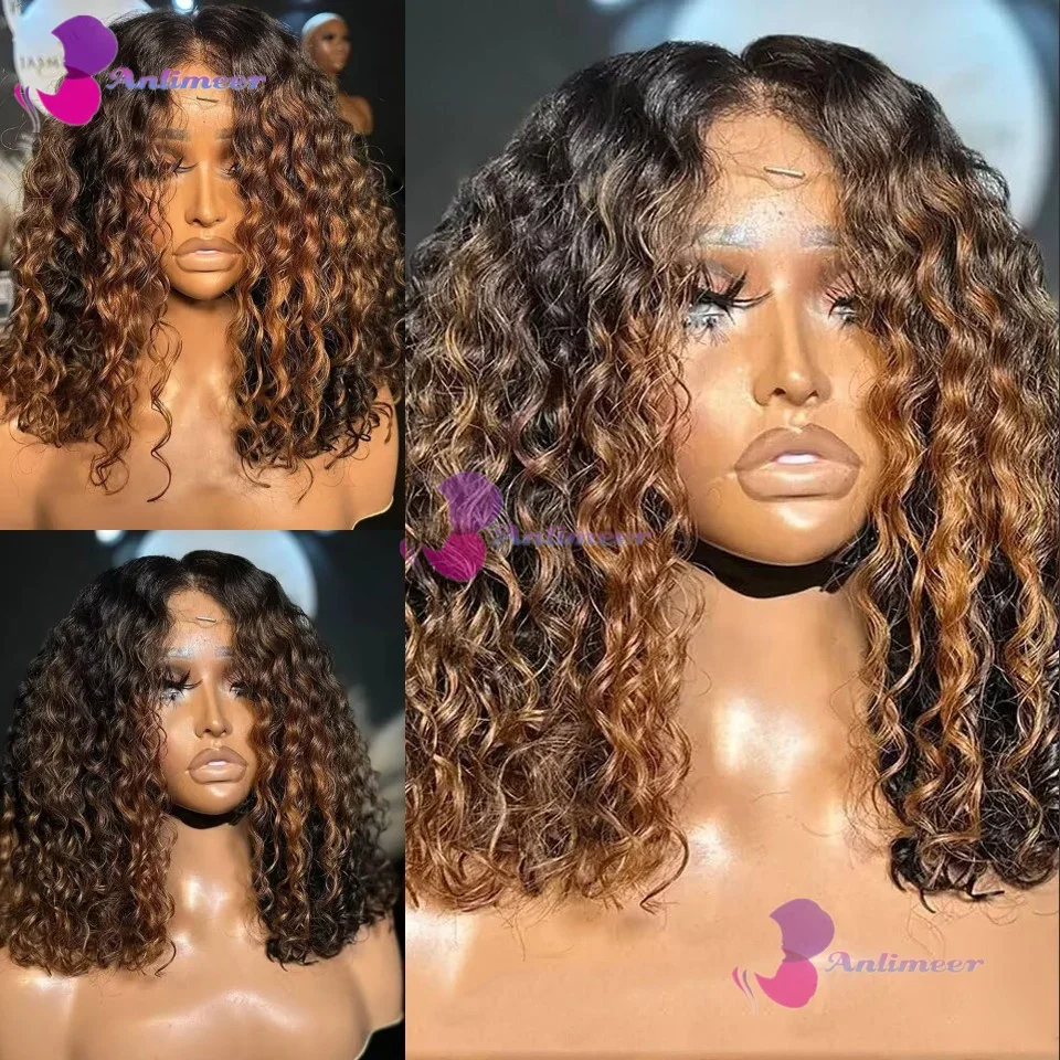 

Выделите коричневый цвет вьющихся человеческих волос парик # 1b/30 Balayage бразильские глубокие волны короткие парики боб волосы 200% плотность шелковый верх парики