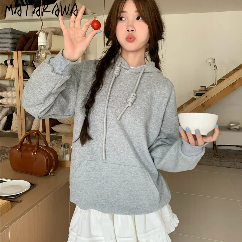 Matakawa Hoodies Women Tops Autumn Winter Preppy Style Solid Casual Sweatshirts Korean Fashion Simple Basics Moletom Feminino