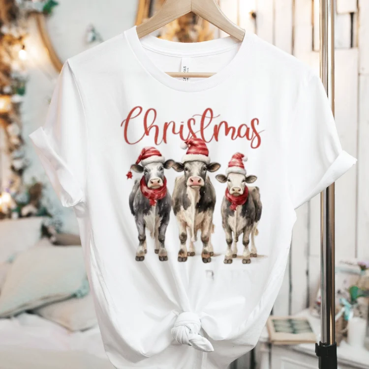 Christmas Cow Cute And Sweet 90s Women\'s Short Sleeved Printed Clothing T-Shirt Top Fashion Pattern Basic Casual Fun T-Shirt