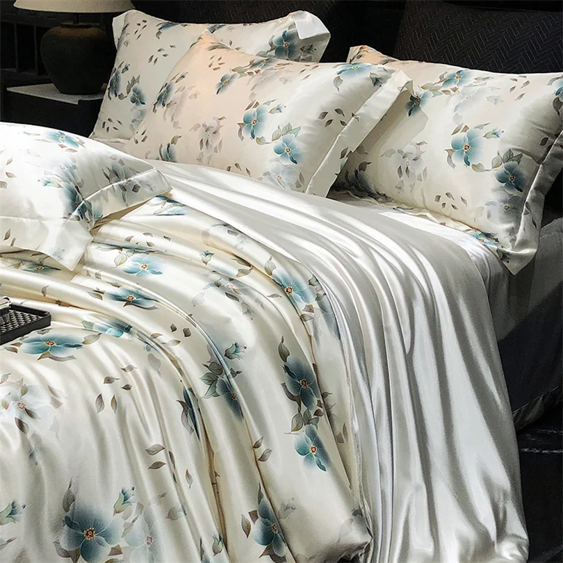 Luxury High-End Natural Silk Bedding Set Duvet Cover with Flat/Fitted Bed Sheet & Pillowcases for Double Full King Queen Size