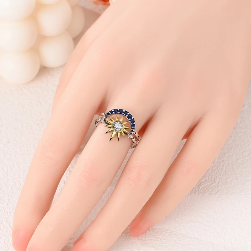 Mysterious Starry Sky 925 Sterling Silver Hot Sun and Star Combination Double Layer Ring Beautiful Couple Combination Accessorie