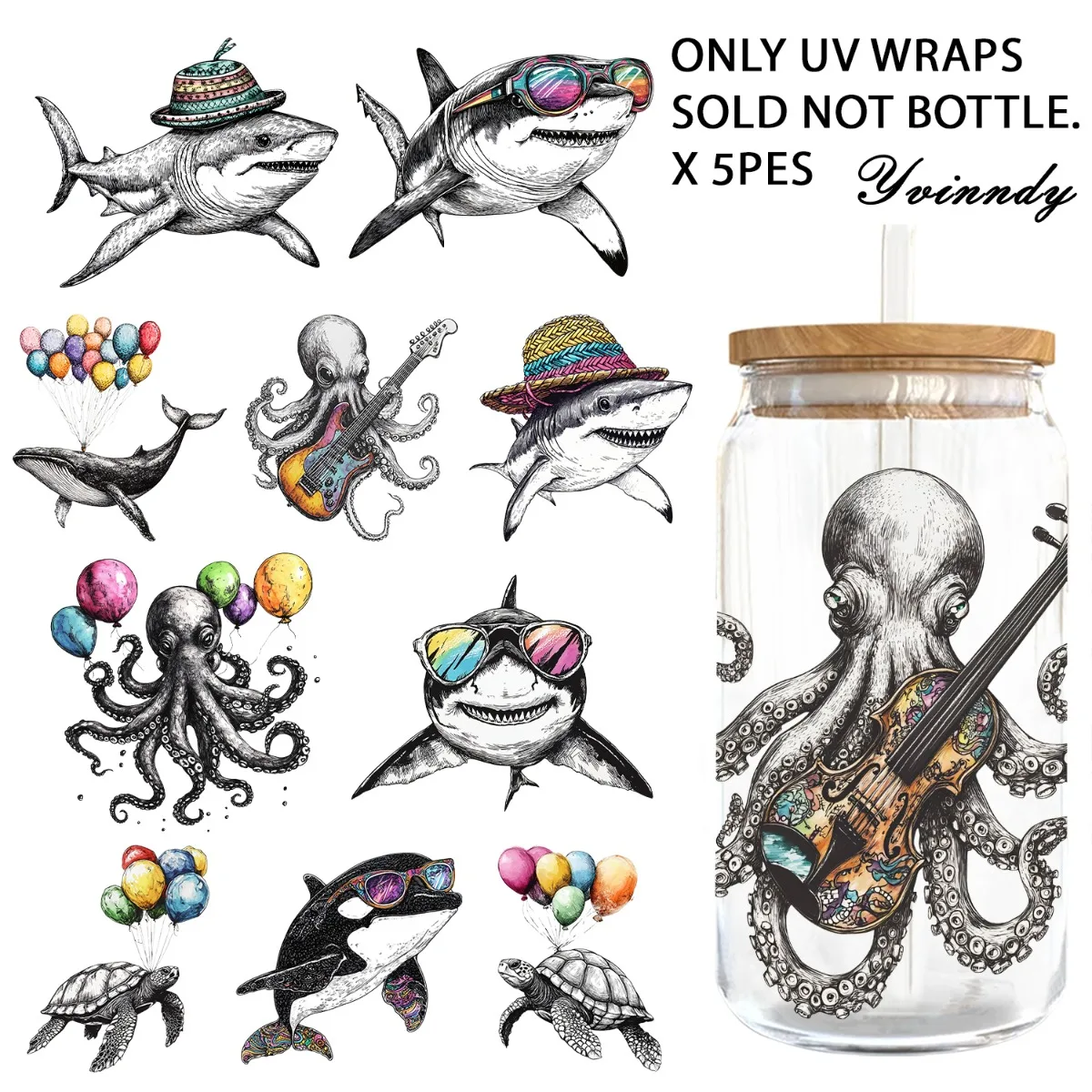 5 Stück/Set 16OZ UV DTF DIY-Transferpapier – Geburtstagswünsche von Meeresbewohnern UV DTF wasserfester Film (ohne Wasserbecher)