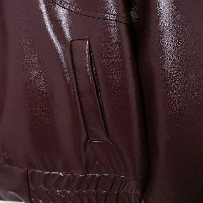 سترة جلدية مقاومة للرياح للنساء ، أحادية اللون ، طية صدر السترة ، فضفاضة ، عارضة ، خمر ، مزاجه ، سيدة أنيقة ، أزياء #6