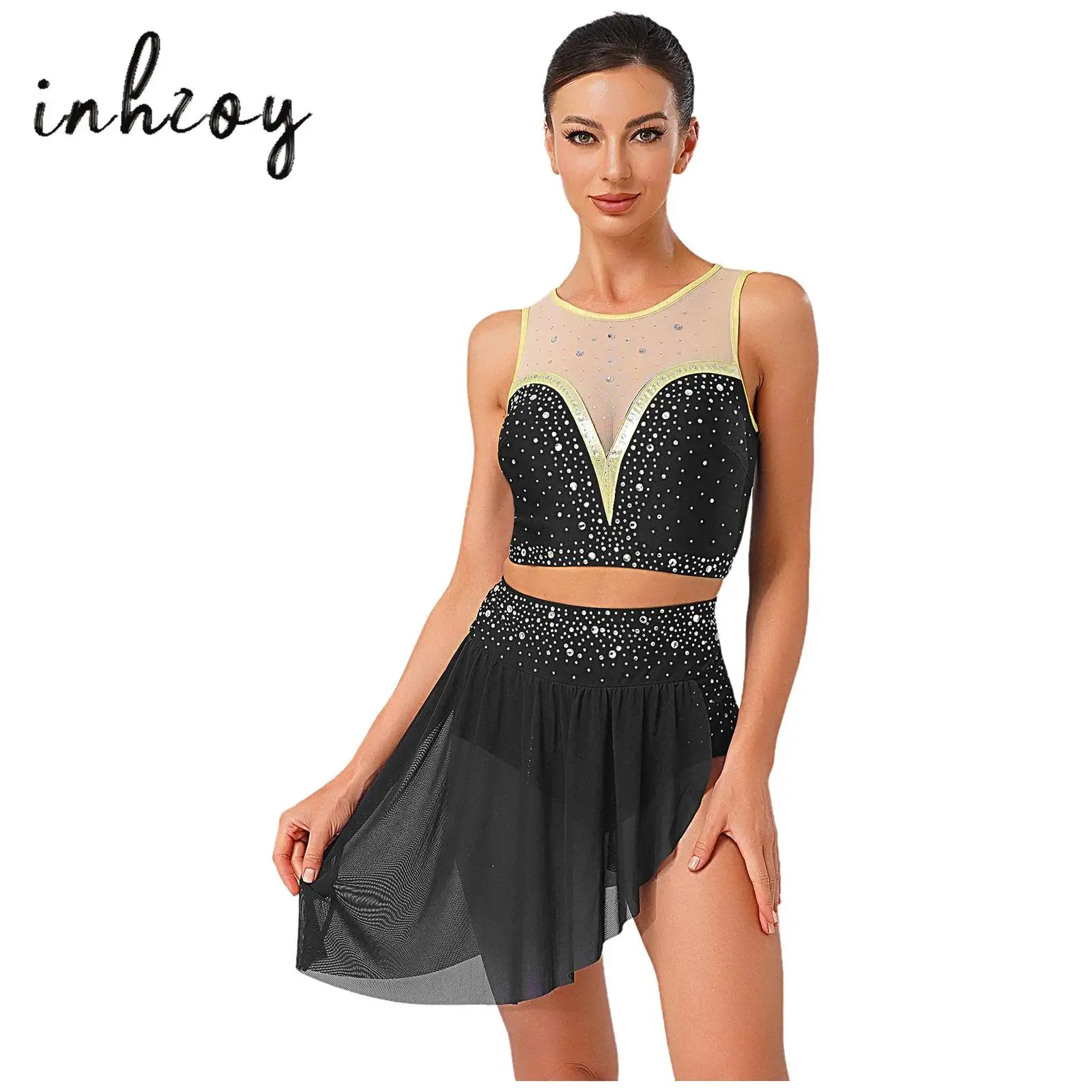 

2Pcs Womens Lyrical Dance Outfits Sleeveless Back Hollow Out Crop Tops with Irregular Hem Skirt Set for Modern Dance Performance