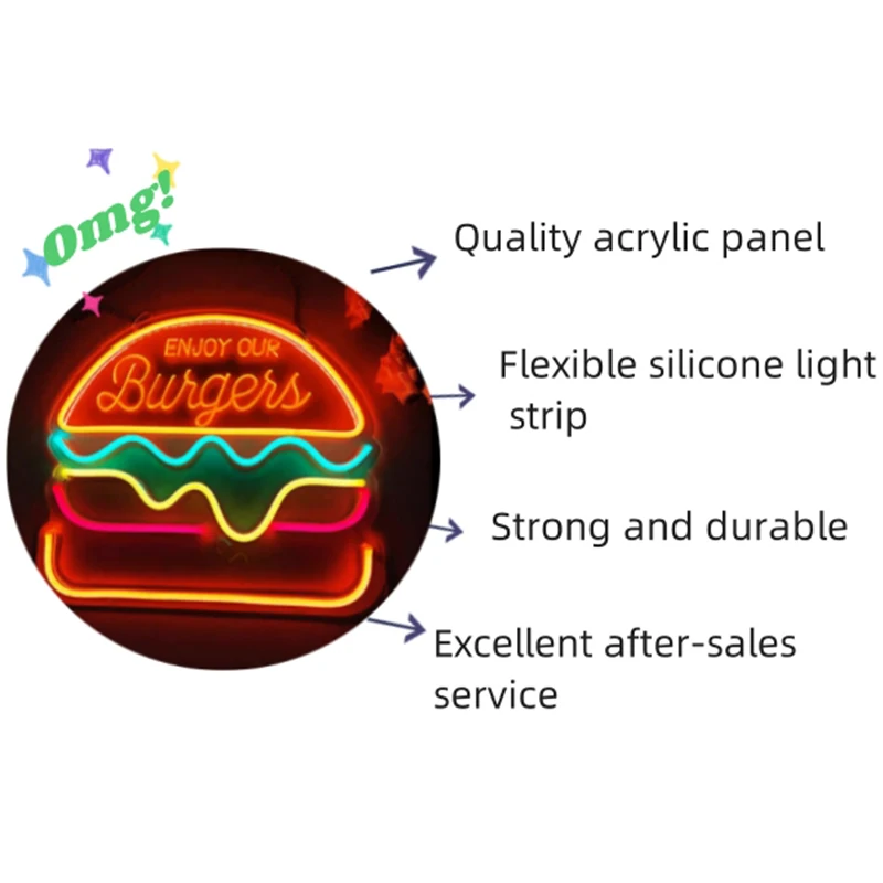 LED Neon Light com palavras luminosas, Burger Lamp, Stall Decoração Noite, Mercado, Ramen, Fried, Frango