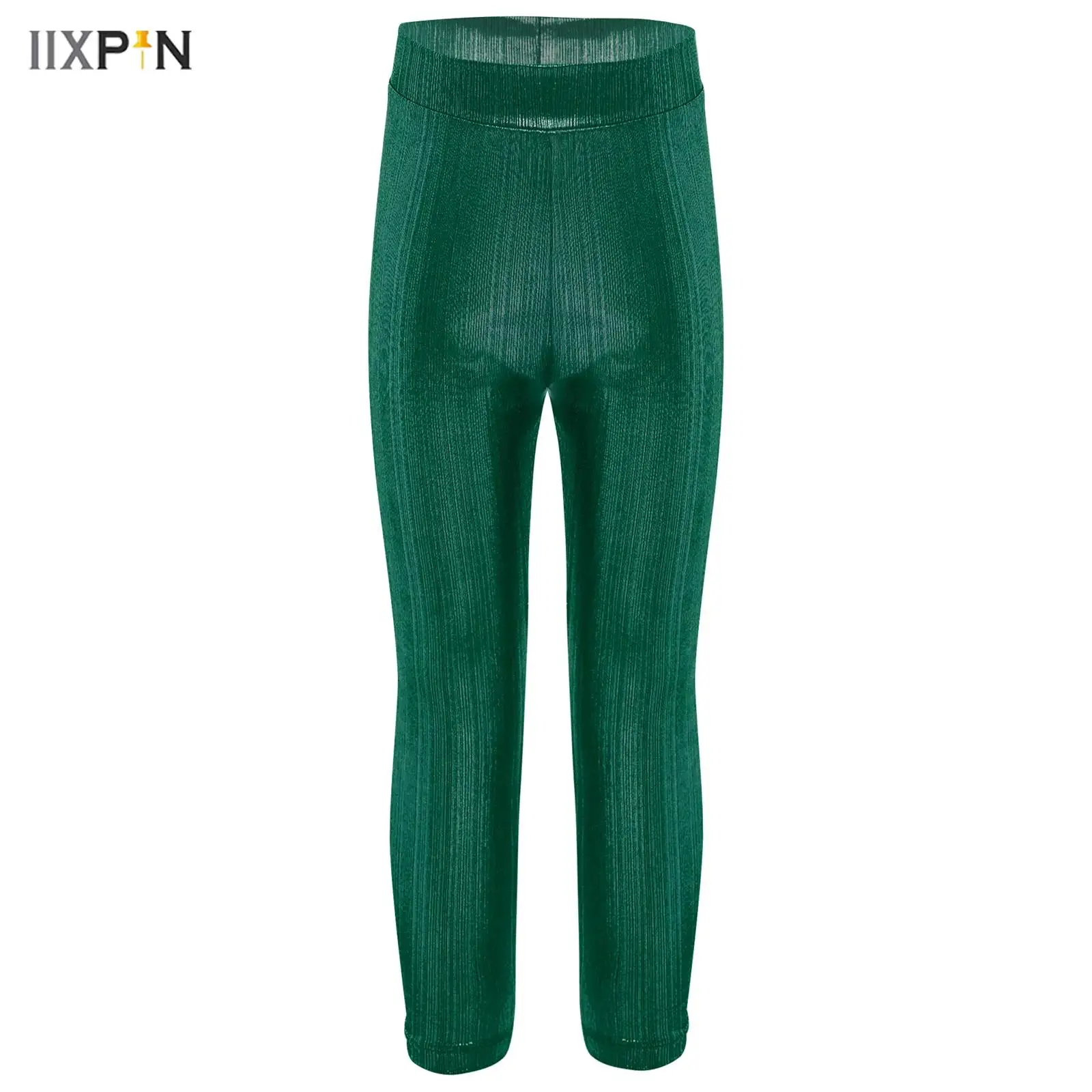 

Kids Girls Metallic Ribbed Leggings Elastic Waistband Solid Color Pants Trousers for Hip-Hop Jazz Dance Performance Streetwear