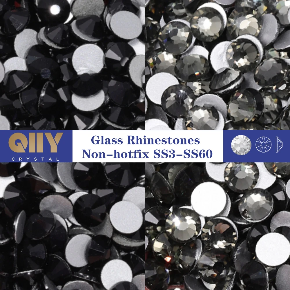 

QIIY SS3-SS60 Black Series High Quality Glass Rhinestones Super Bright Non-hotfix Flatback Glue On 3D Stones For DIY Nail Art