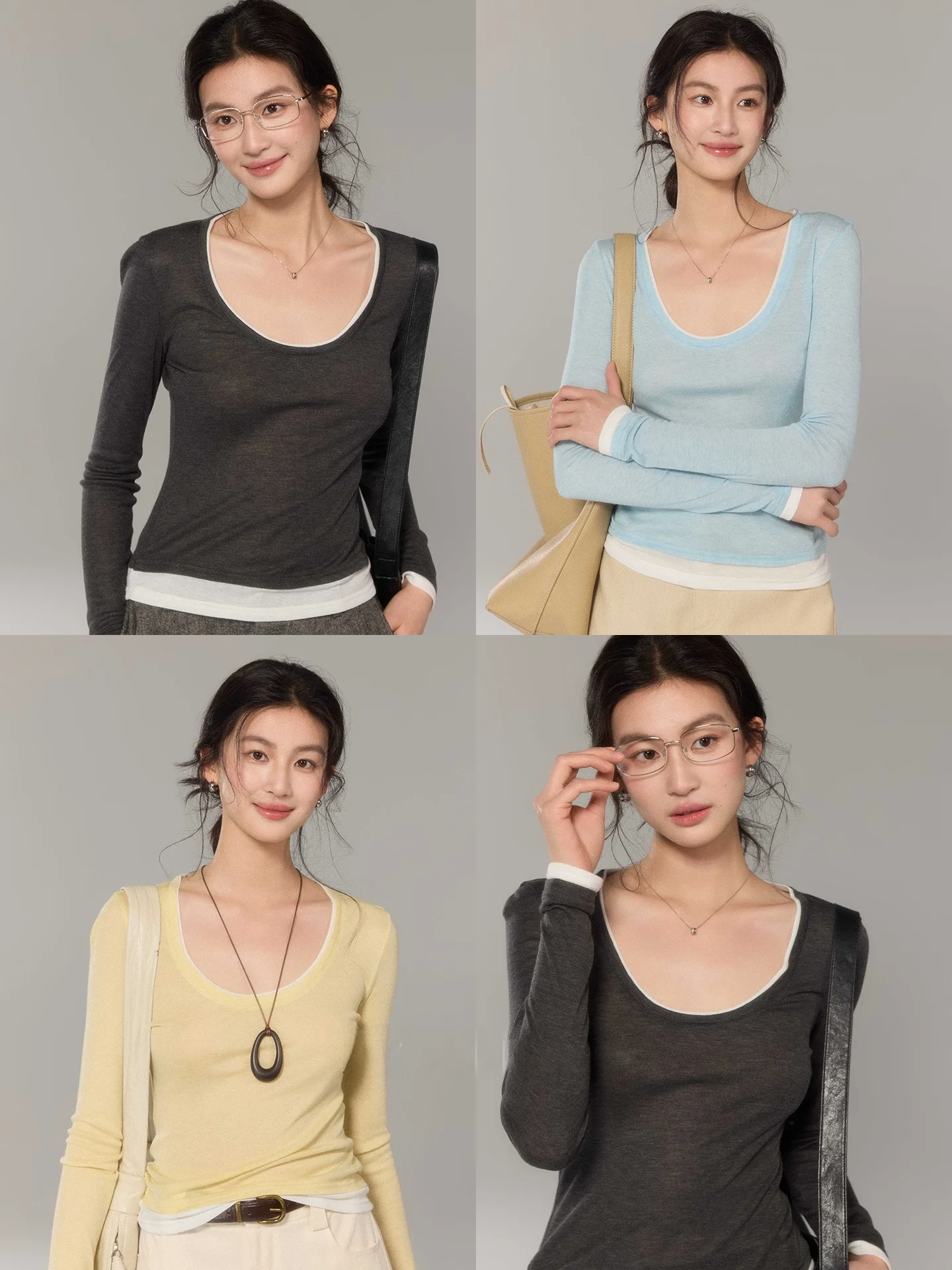 

Мягкая шелковая шерстяная базовая футболка с длинным рукавом для женщин, с большим U-образным вырезом, в стиле колор-блок, вязаная, повседневная, модная, для работы, в китайском стиле