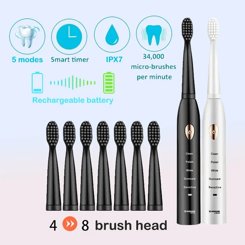 

Clean Adult Black White Classic Acoustic Electric Toothbrush Adult 5-gear Mode USB Charging IPX7 Waterproof Acoustic Electric